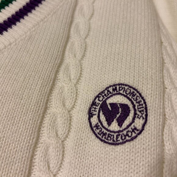 Mens WIMBLEDON Sz M White V-Neck Long Sleeve Cable Knit Tennis Sweater Top - Picture 5 of 8